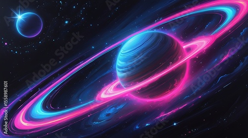 Neon Planet Vibrant Cosmic Artwork, Futuristic Space Scene, Glowing Rings, Celestial Fantasy