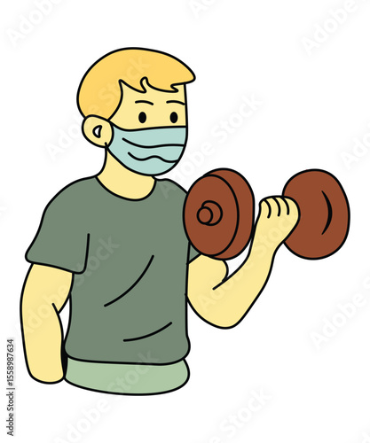 Male person exercising with dumbbells while wearing a face mask to ensure health safety