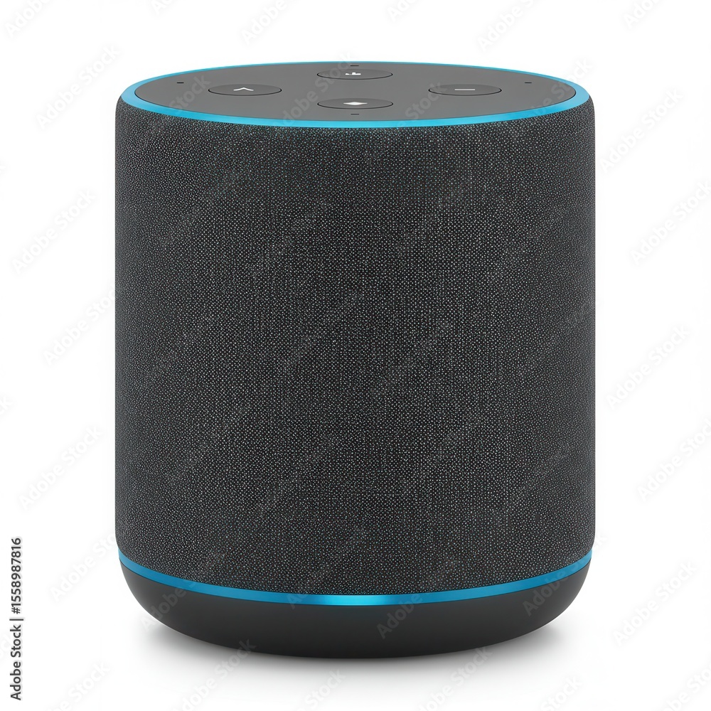 Obraz premium Modern cylindrical smart speaker with voice control, used for music, smart home automation, and virtual assistant interactions.