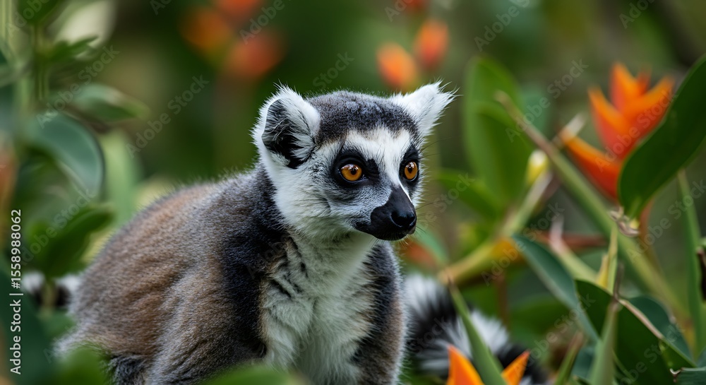 Obraz premium Close-up of a Ring-tailed Lemur in a lush tropical setting.