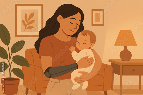  Young Mother with Prosthetic Arm Holding Baby Warm Home Flat Vector Illustration