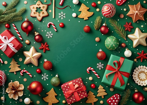 Festive christmas flat lay arrangement featuring red and green gifts gold star and tree shaped cookies candy canes pine branches and shiny baubles on a deep green background with scattered confetti