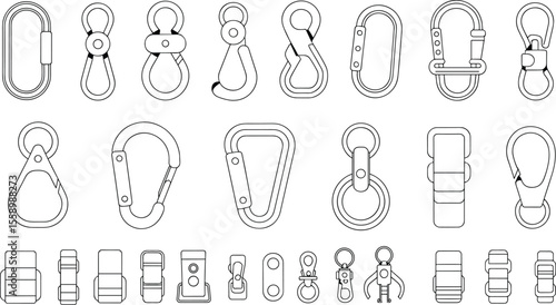 Set of clip hook and buckle vector icons, technical flat sketch of carabiner, clasp, and snap hook elements for bags, belts, accessories