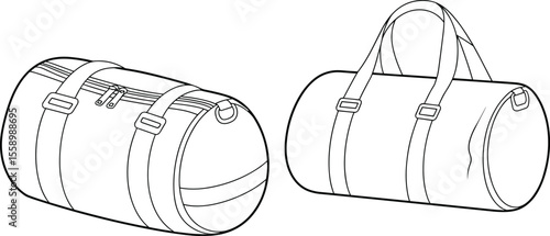 Duffle bag vector illustration set, side and angled view technical sketch, cylindrical gym travel bag mockup, unisex accessory design template for apparel branding