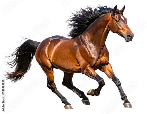  Powerful Brown Stallion Galloping with Flowing Mane, isolated on transparent background PNG