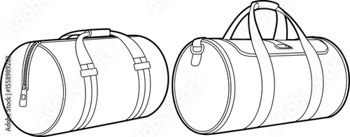 Duffle bag vector template set, front and angled view technical sketch, cylindrical gym travel bag design mockup, unisex fashion accessory illustration
