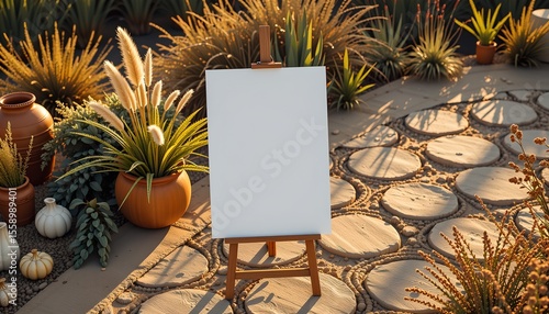 imagine a mesmerizing art piece capturing a birds eye view of a blank white wele sign displayed on a rustic easel at a modern boho wedding mockup, the scene is bathed in the soft