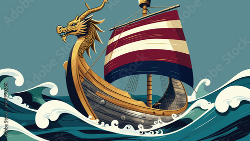 Dragon-headed Viking ship sailing through waves in colorful illustration