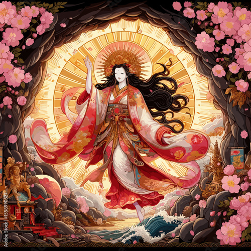 Ornate illustration of the Japanese goddess Amaterasu surrounded by cherry blossoms