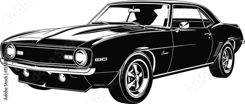 A detailed black classic muscle car is isolated on white background, showcasing its iconic design and powerful engine