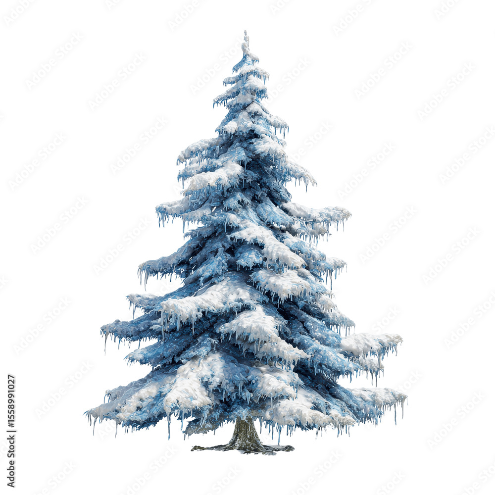 Fototapeta premium Snow-Covered Evergreen Tree with Icicles Isolated on White Transparent background