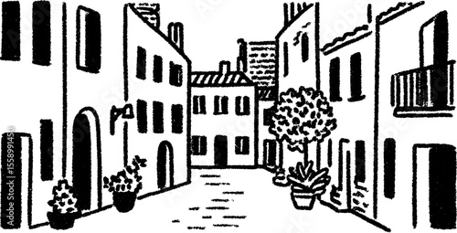 Urban backstreet with graffiti art and pipelines sketch for creative design