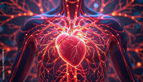 imagine an ai generated illustration of the intricate human cardiovascular system, pulsating with life, the heart takes center stage