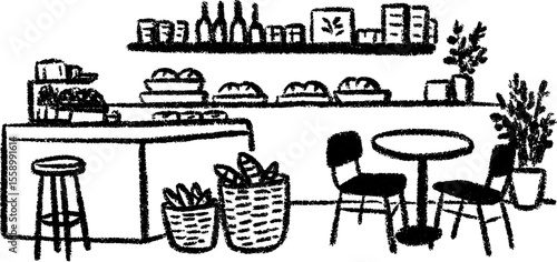 Hand drawn sketch of a cozy bakery and café hybrid with bread baskets and seating arrangement