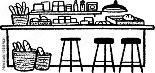 Hand drawn sketch of bakery café interior with bread baskets and seating