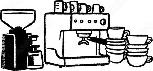 Hand drawn sketch of a barista station with grinder and coffee cups