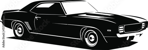 A black classic muscle car is isolated on white background, displaying its vintage design and powerful presence
