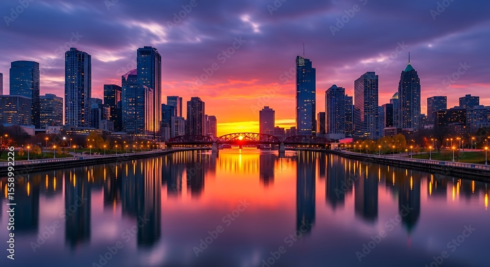 Fototapeta premium Cityscape sunset over river with bridge and skyscrapers image
