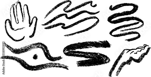 Expressive hand gestures and flare scribbles in black chalk texture for creative design