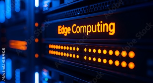 Illuminated edge computing server rack with orange lights technology data center