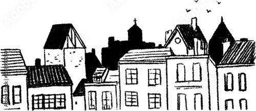 Architectural border design featuring building silhouettes in sketch style