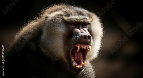 Close-up of a baboon with its mouth wide open, displaying its teeth in a threatening manner.