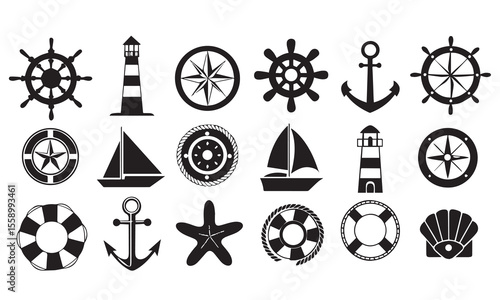 Collection of nautical vector icons featuring a ship, anchor, compass, lighthouse, dolphin, sailboat, fish, wheel, and life preserver