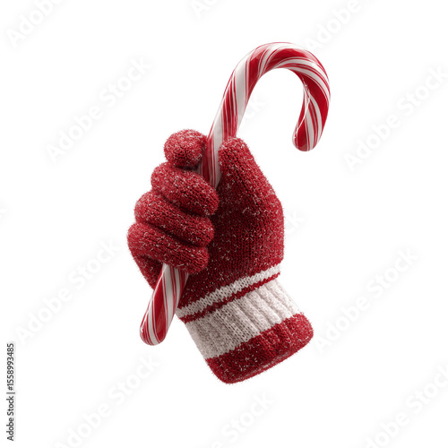 Red Knit Gloved Hand Holding a Candy Cane