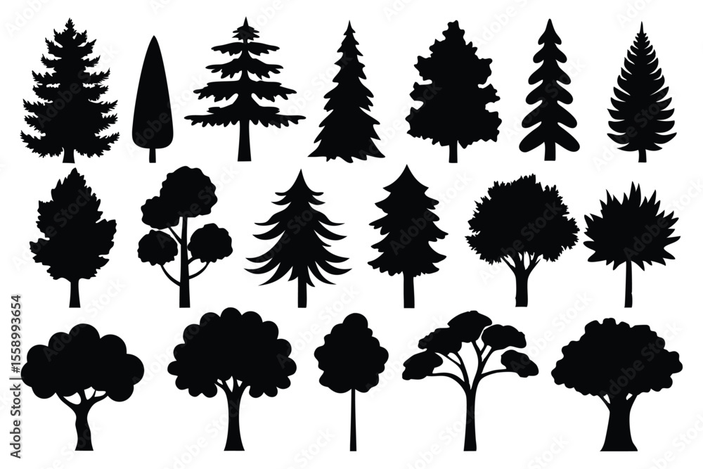 Fototapeta premium Collection of black silhouettes various trees nature forest