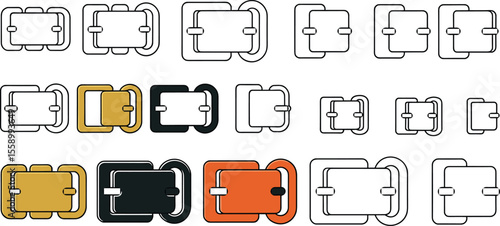 Vector belt buckle set, fashion accessory hardware, outline and colored styles, metal clasp collection, digital illustration for garments, bags, straps, belts.