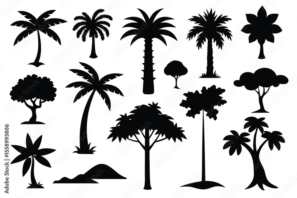 Fototapeta premium Collection of black silhouettes various tropical trees and plants