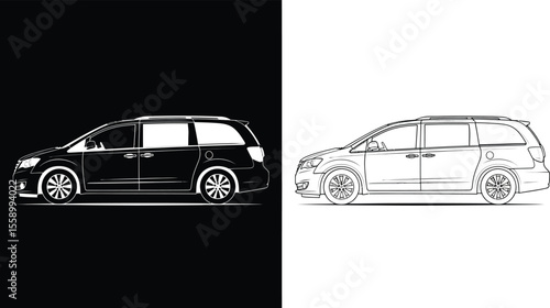 A black and white minivan isolated on white background, shown in both solid and outline styles
