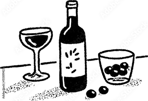 Sketch of bottle, glass, and scattered olives for art design
