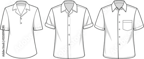 Short sleeve shirt vector set, front views, flat sketch templates of casual button-up shirts, collar styles, fashion design technical drawing, apparel mockup.