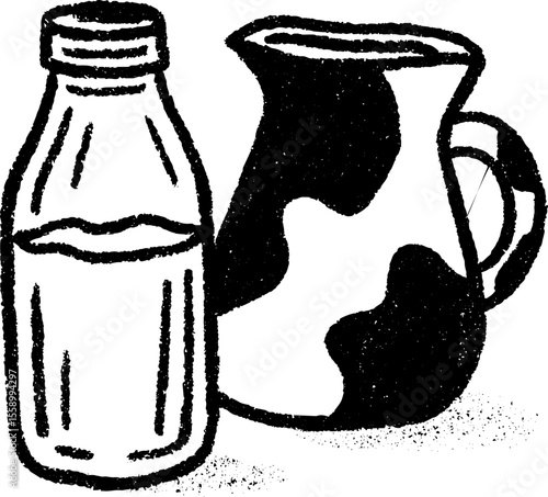 Hand drawn sketch of milk bottle and wooden jug with textured brushstrokes