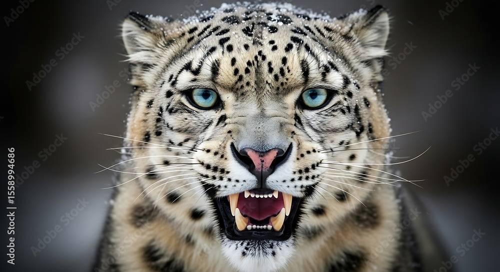 Naklejka premium A snow leopard's intense close-up portrait, revealing its striking blue eyes and bared teeth against a dark background.