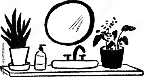 Minimalist bathroom design with round mirror and plants