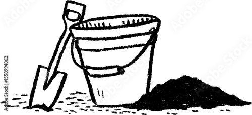 Hand drawn sketch of sandbox bucket and spade for fun outdoor play