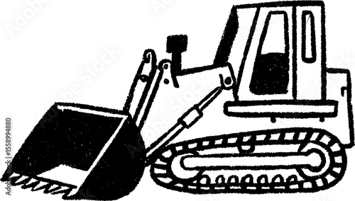 Bold black sketch of bulldozer with raised blade for design and construction themes