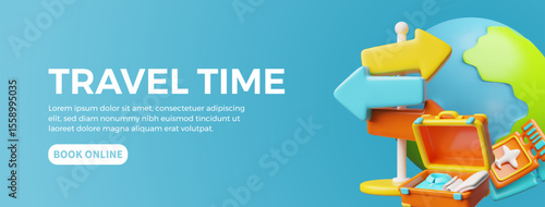 Travel time landing page design, suitcase, Earth, airplane flight tickets and pointer 3D plastic cartoon style vector