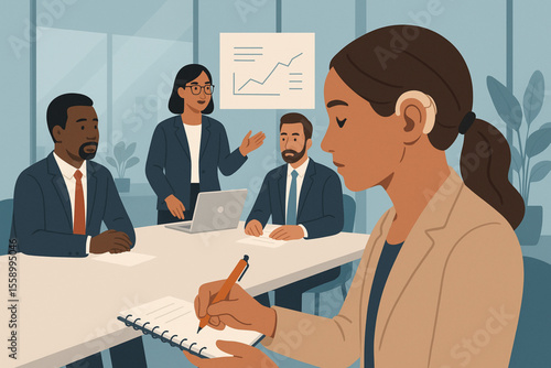  Professional Woman with Hearing Impairment Taking Notes in Business Meeting Diverse Colleagues Modern Office Vector Illustration