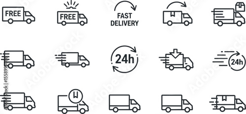Delivery truck icons with fast and free shipping signs are isolated on white background