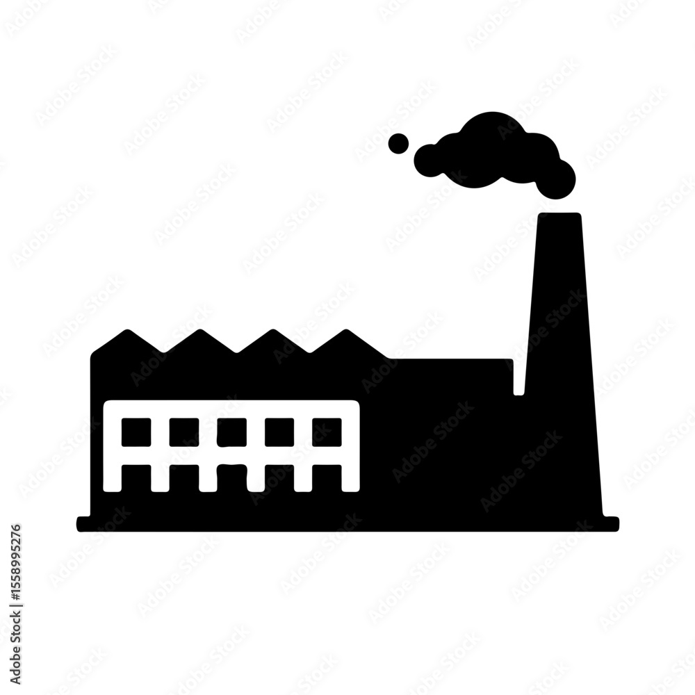 Naklejka premium Black Factory Building with Smoking Chimney Icon. represents manufacturing, industry, production, and often, industrial pollution