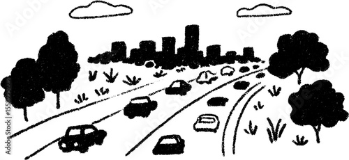 Urban traffic scene with busy main road and city skyline in sketch style