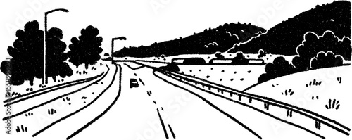 Urban street scene with light traffic and scenic hillside
