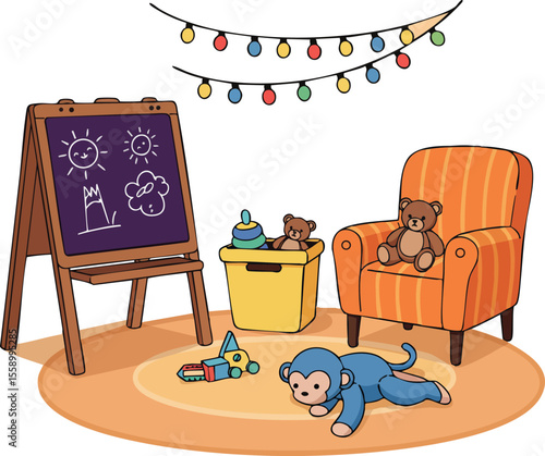 Kids playroom with cozy armchair toys chalkboard and string lights vector illustration