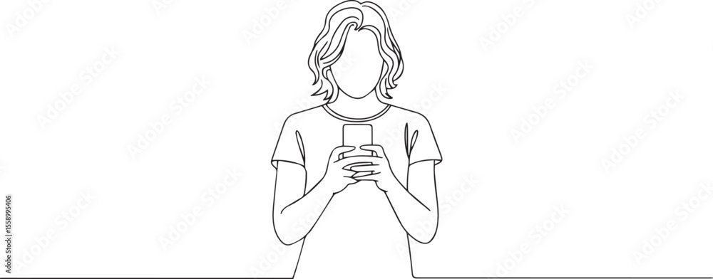 Fototapeta premium continuous one-line drawing of a young woman looking at smartphone in calm, introverted modern digital moment