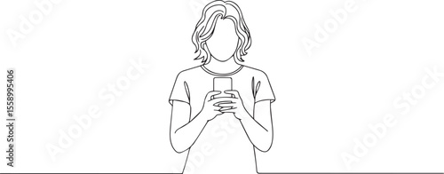  continuous one-line drawing of a young woman looking at smartphone in calm, introverted modern digital moment