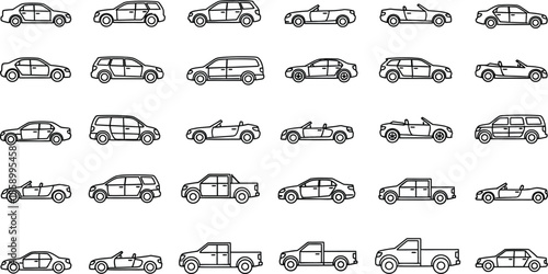 A collection of various car types, including sedans, suvs, convertibles, and trucks, are depicted as line drawings isolated on white background