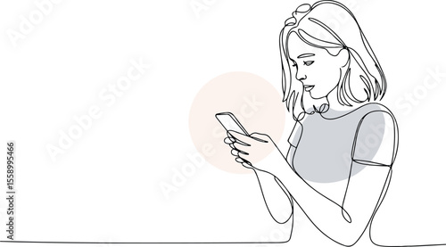  continuous one-line drawing of a young woman looking at smartphone in calm, introverted modern digital moment